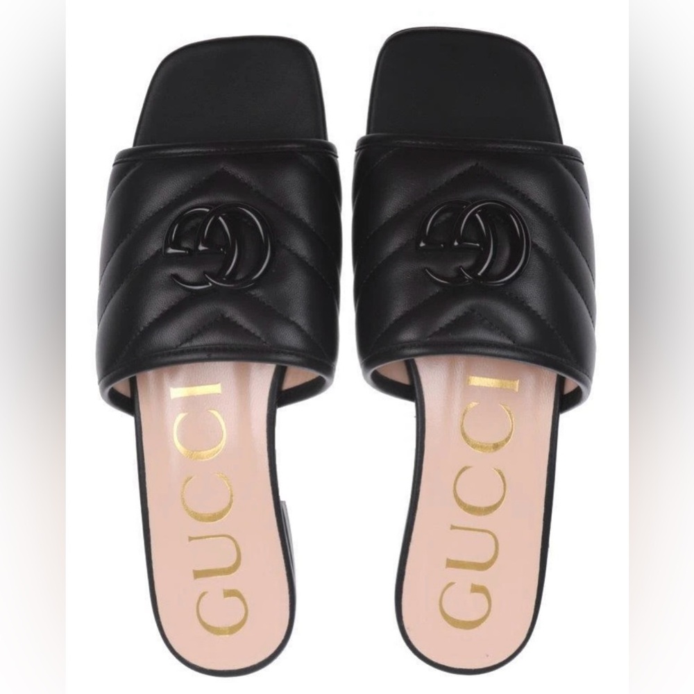NEW GUCCI DOUBLE G BLACK CHEVRON MATELASSE LEATHER SLIDE SANDALS SHOES 36/US 6
